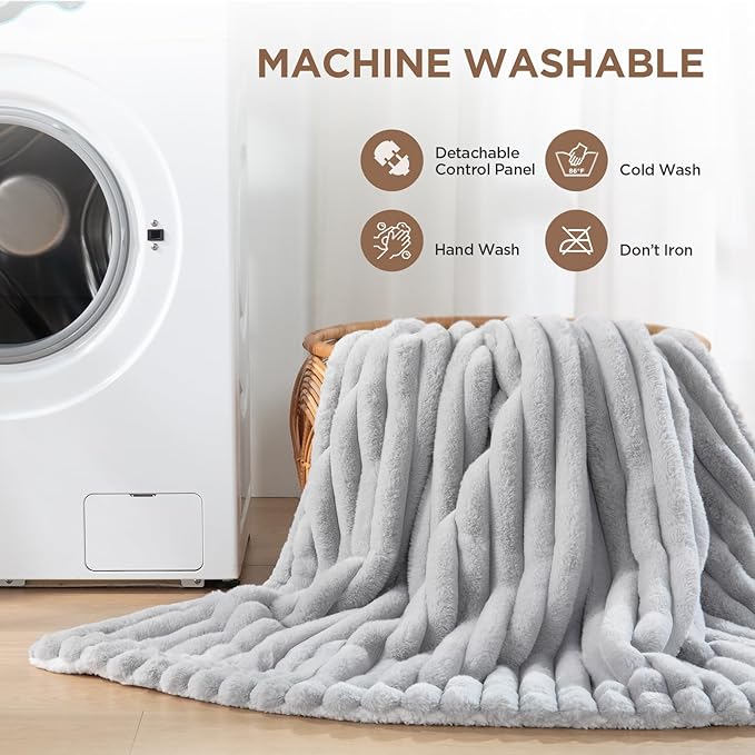 Westinghouse Electric Blanket Queen Size, Soft Luxury Faux Fur & Sherpa Heated Blanket with 10 Heating Levels & 1-12 Hours Auto Off, Fast Heating Blanket, Machine Washable, 84x 90 Inch Light Grey