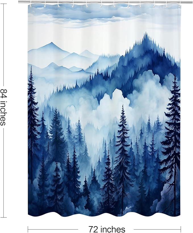 Navy Blue Extra Long Misty Pine Forest Shower Curtain 72 x 84, XL Mountain Foggy Woodland Scenery Tree Shower Curtains for Bathroom, Abstract Waterproof Nature-Themed Decor