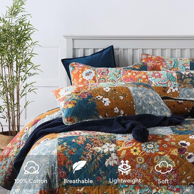 Cotton Bedspread Quilt Bedding Sets 3 Pieces Reversible Coverlet Sets Comforters Luxury Paisley Floral Patchwork Brown Bedspread, Queen Size