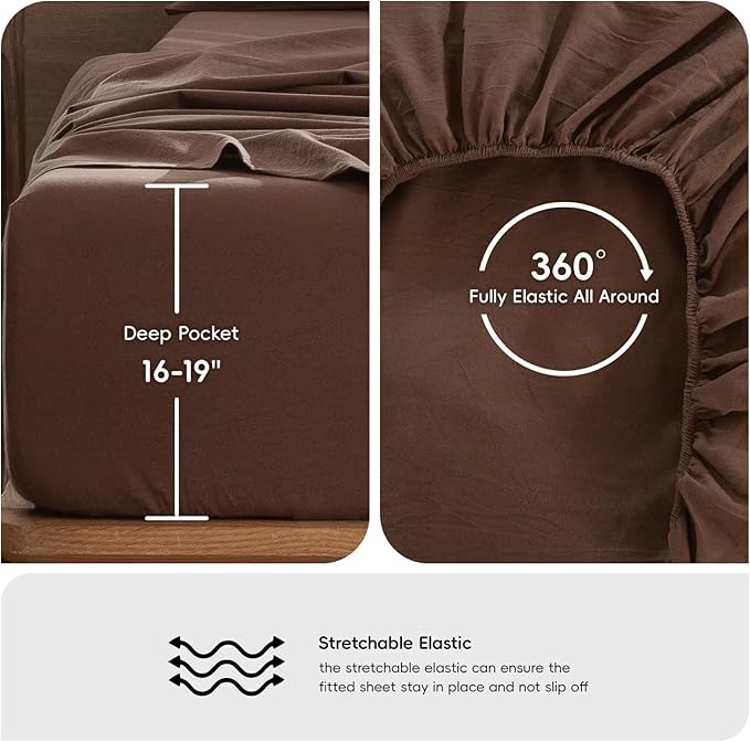 MooMee Bedding Sheet Set 100% Washed Cotton Linen Like Textured Breathable Durable Soft Comfy (Solid Cocoa Brown, Full)