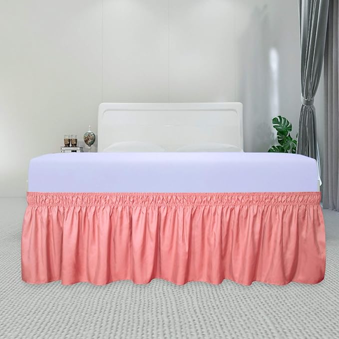 PureFit Wrap Around Ruffled Bed Skirt with Adjustable Elastic Belt - 18 Inch Drop Easy to Put On, Wrinkle Free Bedskirt Dust Ruffles, Bed Frame Cover for Queen, King and C-King Size Beds, Pink