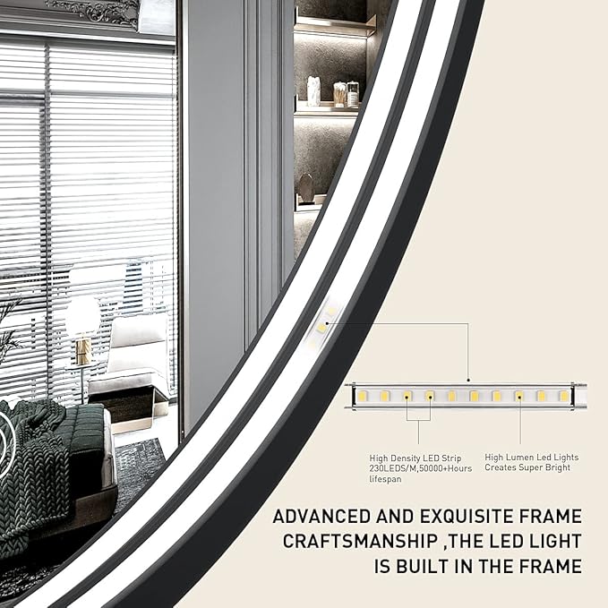 40" Round LED Bathroom Mirror, Dimmable Anti-Fog Vanity Mirror with Touch Control, 6000K Natural Light, Black Metal Frame, Wall Mounted for Makeup Shaving (IP54, 90+ CRI)
