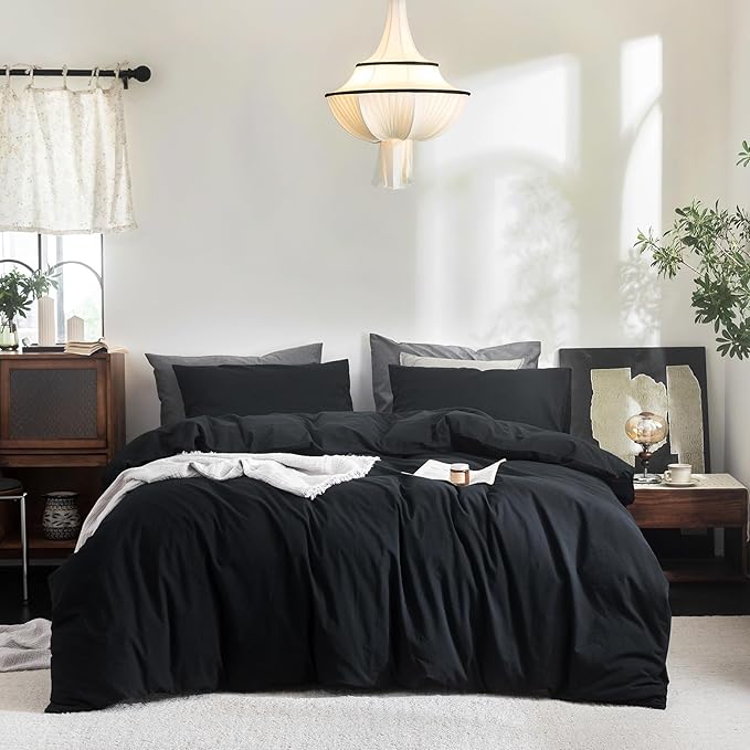 FOSSA Duvet Cover Set 100% Washed Cotton Linen Feel Super Soft Breathable Cozy 3 Pieces Bedding Sets Solid Black Super Queen