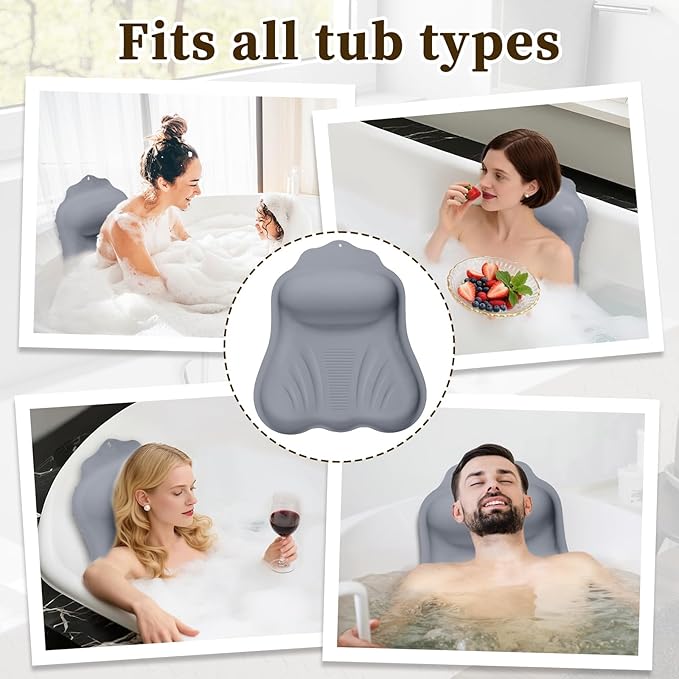 Silicone Bath Pillow for Tub Adults, 4D Air-Cushion Bathtub Pillow for Head Neck and Back Support, Non-Slip Suction Cups, Quick-Drying Waterproof Spa Pillow, Easy to Clean & Store (Gray