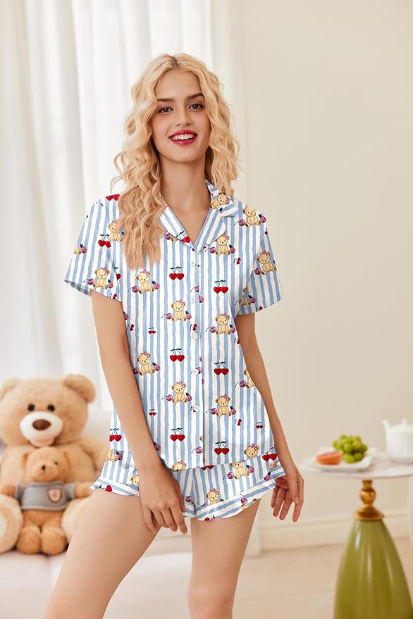 Ekouaer Womens Satin Pajamas Set Button Down 2 Piece Silk Pjs Shorts Set Ruffle Lingerie Notch Collar Sleepwear
