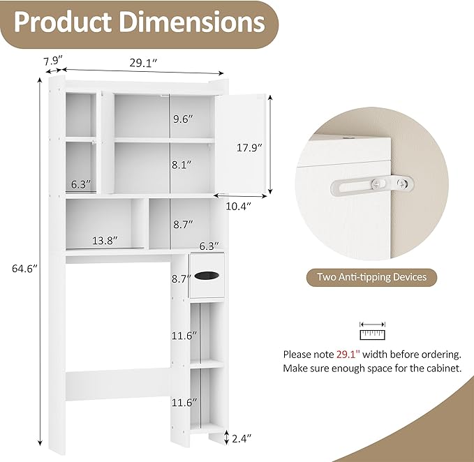 Meilocar Over The Toilet Storage Cabinet, Bathroom Over Toilet Storage Cabinet, Bathroom Storages Organizer Cabinets with Toilet Paper Holder and Adjustable Shelf, White