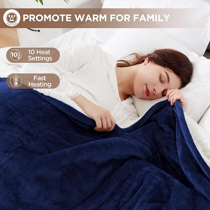 Westinghouse Electric Blanket Heated Throw | 6 Heating Levels & 4 Hours Auto Off | Flannel to Sherpa Reversible 50x60 | Machine Washable, Navy Blue