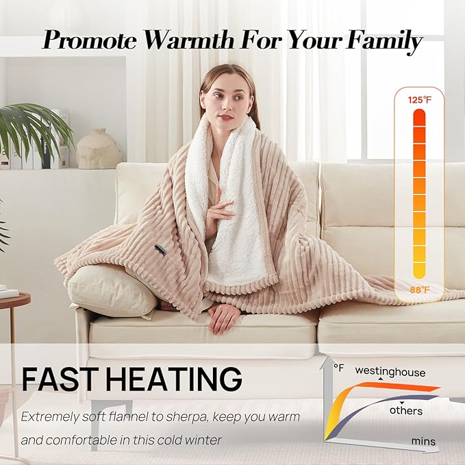 Westinghouse Heated Throw Blanket, Cozy Soft Flannel to Sherpa Electric Throw with 6 Heating Levels & 2-10 Hours Auto Shut Off, Fast Heating & ETL Certification, Machine Washable, 50x60 Inch, Beige