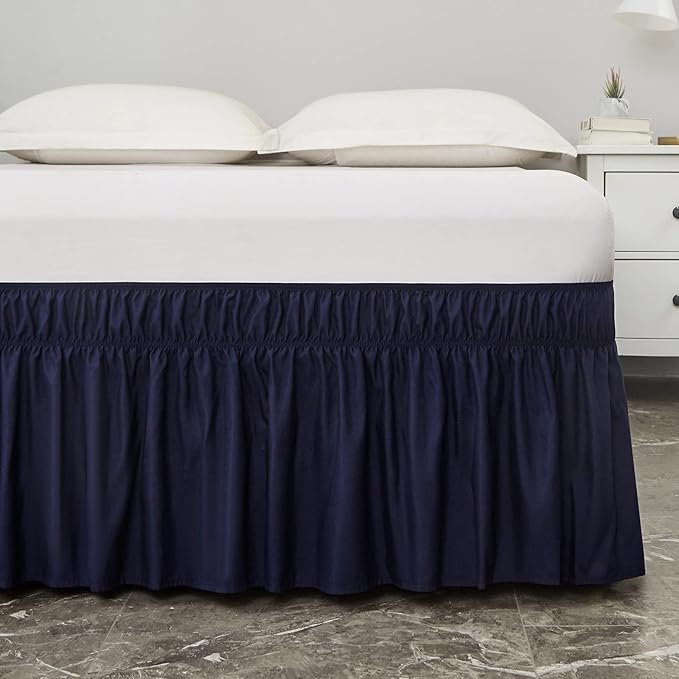 MEILA Wrap Around Bed Skirt Three Fabric Sides Elastic Dust Ruffled 18 Inch Tailored Drop,Easy to Install Fade Resistant-Navy Blue, Twin/Full
