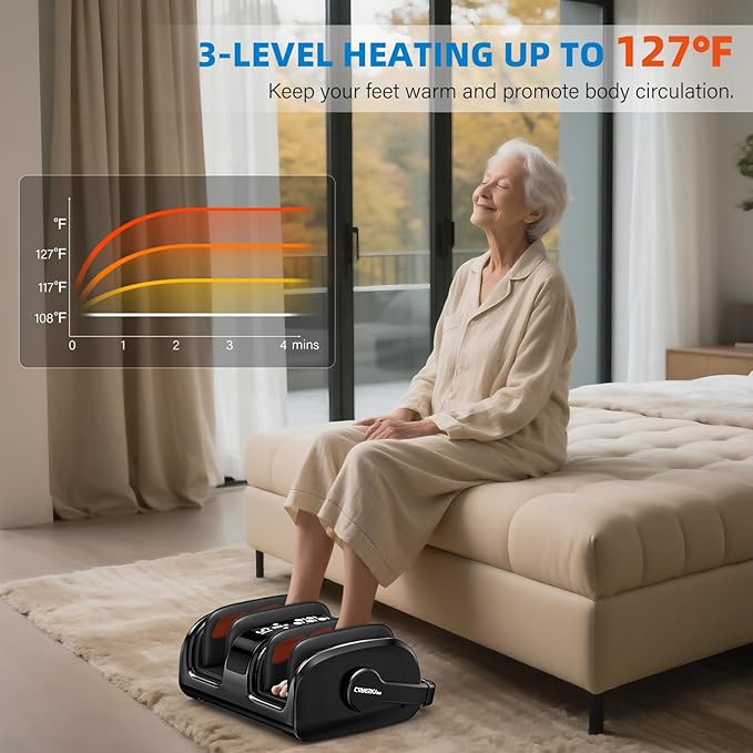 Foot Massager with Heat, 3 Heating Therapy 5 Intensity, Deep Kneading Rolling for Calf-Feet-Arm Circulation, Plantar Fasciitis and Pain Relief