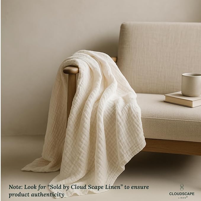 Cloud Scape Linen Extra Large 8 Layer Muslin Throw Blanket - 100% Cotton Gauze, Soft and Breathable, Winter Blanket for Couch, Sofa and Bed, Idea, 50x70, White