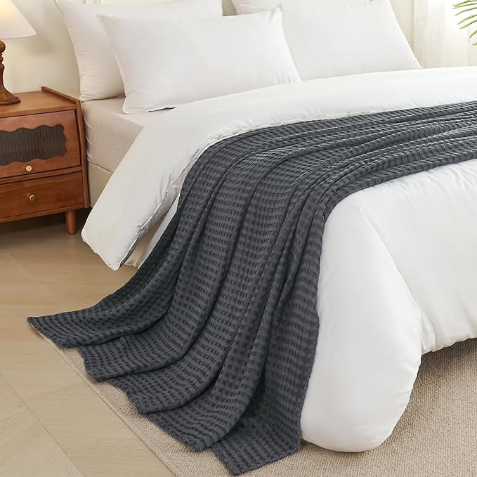 Aganear Waffle Blanket - Lightweight Breathable Summer Blanket of 50% Cotton and 50% Rayon Derived from Bamboo for Hot Sleepers Luxury Throws for Bed, Couch and Sofa,Dark Grey,66x90 Inches