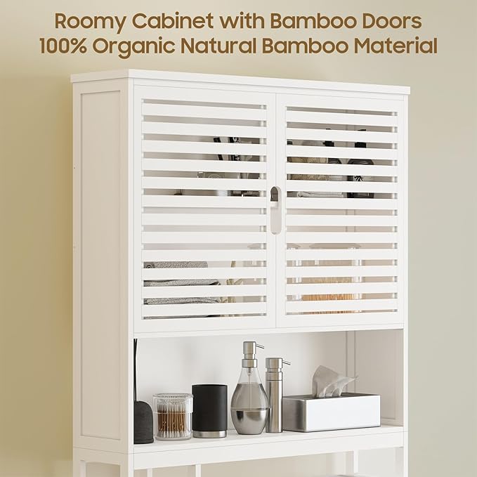 Over The Toilet Storage Cabinet, Bamboo Over Toilet Bathroom Organizer Cabinet with 2 Doors, Freestanding Home Space Save Toilet Rack for Restroom, Bathroom, Laundry, White
