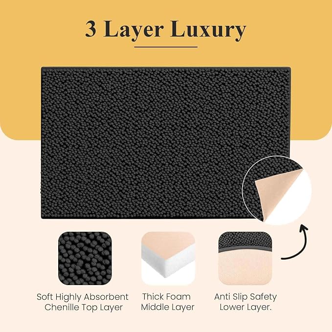 MAYSHINE Plush Shaggy Chenille Bath Mat | Extra Soft, Super Absorbent, Non-Slip Bathroom Rug | Fluffy Microfiber, Area Rug Sets for Bathroom Floor, Kitchen, Living Room | 24"x17" | Charcoal Gray