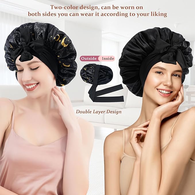 100% Mulberry Silk Bonnet for Sleeping Women Double Layer Silk Hair Bonnet Natural Sleep Cap with Elastic（Black + Moon）