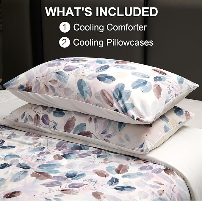 Cyusri Print Cooling Comforter Set 3Pcs Breathable Cool Queen Size Bedding Set with 2 Pillowcases Leaf Pattern Silky Cold Quilt, Blue 90"x90"