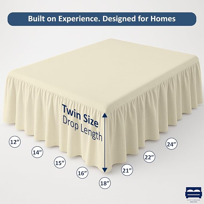 Cottingon Bed Skirt Twin 18" Drop with Split Corners, 100% Microfiber Soft and Stylish, Dust Ruffle with Platform, Ivory