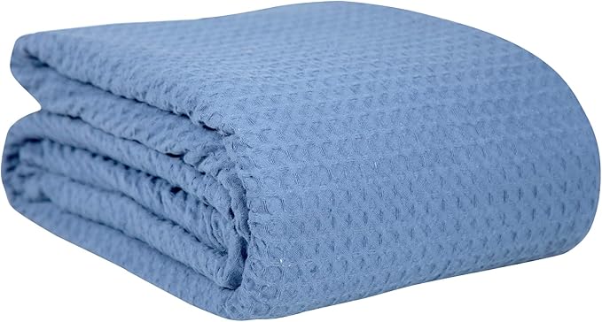 HILLFAIR 100% Combed Cotton Blanket– Queen Size Bed Blankets– Warm Soft All Season Breathable Lightweight Summer Blankets– Waffle Weave Home Decor Bed Blanket- Blue Queen Bed Cotton Blankets/Bedcovers