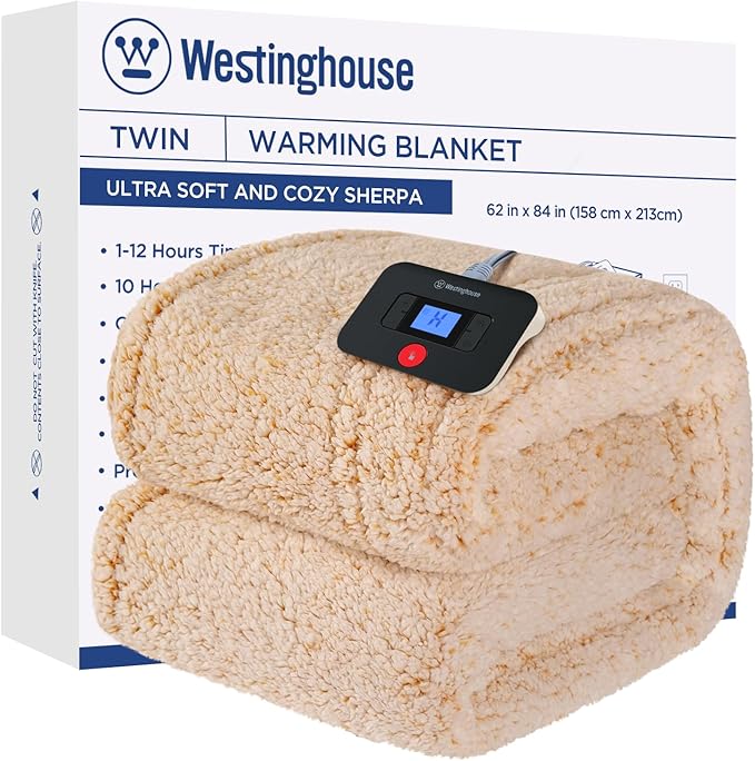 Westinghouse Electric Blanket Twin Size, Soft Plush Sherpa Heated Blanket with 10 Heating Levels & 1-12 Hours Auto-Off, Machine Washable, 62x84 inches, Yellow