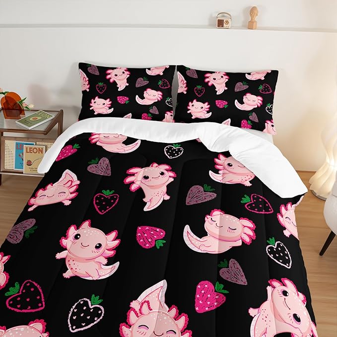 Cute Axolotl Bedding Set Queen Size,Pink Axolotl Strawberry Printed Comforter Sets Aesthetic Bedding for Kids Girls,Beach Coastal Animal Themed Comforter Sets with 2 Pillowcases.