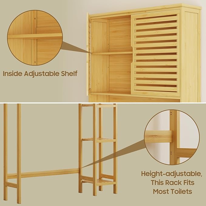 Over The Toilet Storage Cabinet, Bamboo Storage Cabinet Over Toilet with Double Doors & Open Shelves, Freestanding Toilet Shelf Space Saver with Anti-Tip Design, Natural