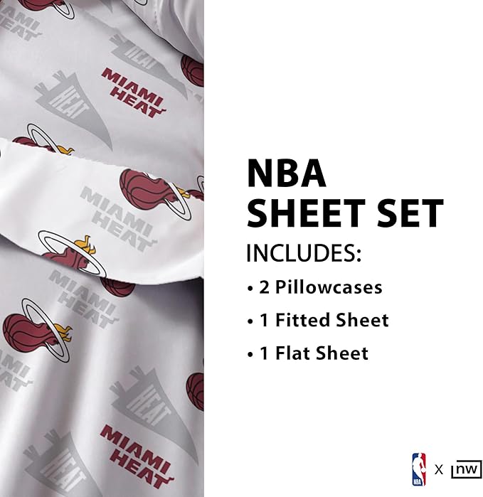 Northwest Officially Licensed Miami Heat NBA Twin Size Sheet Set – Soft Team Logo Bedding for Dorms, Bedrooms, Fan Caves & Game Day Style