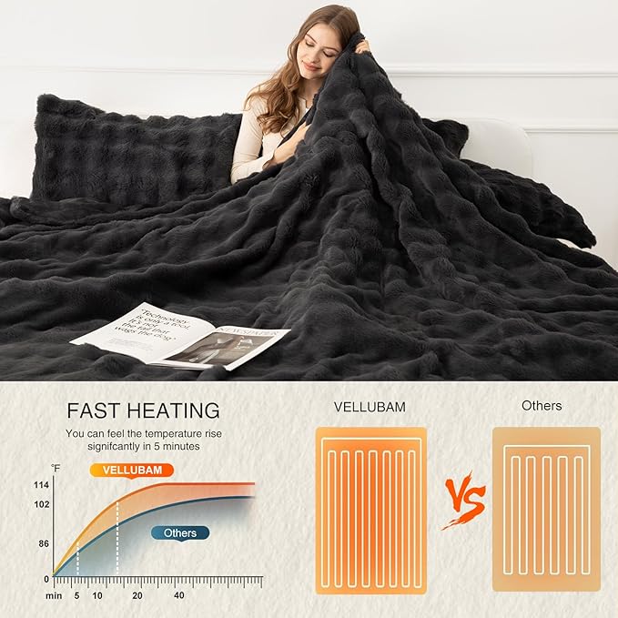 Faux Rabbit Fur Bubble Electric Blanket Twin Dark Grey - Ultra Soft Cozy Luxury Heated Blanket Twin with 6 Heating Levels & 10 Timer Settings, Washable and Decor Gifts for Home (62" x 84")