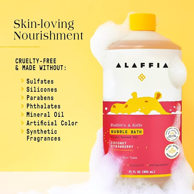 Alaffia Babies and Kids Bubble Bath, Gentle Baby Essentials for Delicate Skin, Cleansing & Calming Bubbles, Plant Based Formula, Vegan, Coconut Strawberry (2 Pack - 32 Fl Oz Ea)