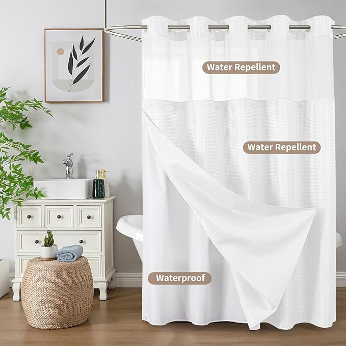 Colorful Star No Hook Shower Curtain with Snap in Fabric Liner, Waffle Weave Heavy Duty Thick Shower Curtains with Mesh Top Window, Hotel Style Waterproof Bathroom Curtain Set, 72 x 87 Inch, White