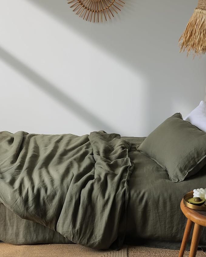 XZ XIFA Olive Green Linen Duvet Cover Twin, 100% Washed French Flax Linen Bedding Set with Zipper Closure, Cooling & Textured Bed Sets for Hot Sleepers(1 Duvet Cover, 1 Pillowcases)