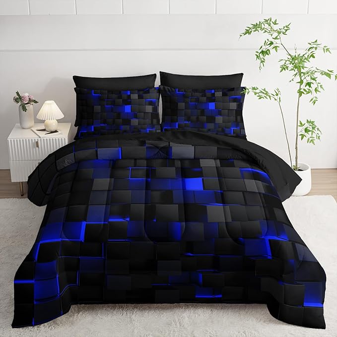 Twin Size Comforter Set 7 Piece - Black and Blue Modern Bedding, 3D Cube Design, Soft Microfiber, Gamer Bed Set, All Season