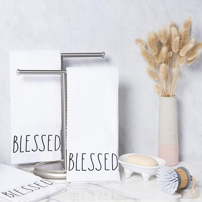 Rae Dunn Set of Hand Towels for Kitchen and Bathroom, 100% Cotton, Embroidered Dish Towels, Decorative Hand Towels, White- Blessed, 3 Pack