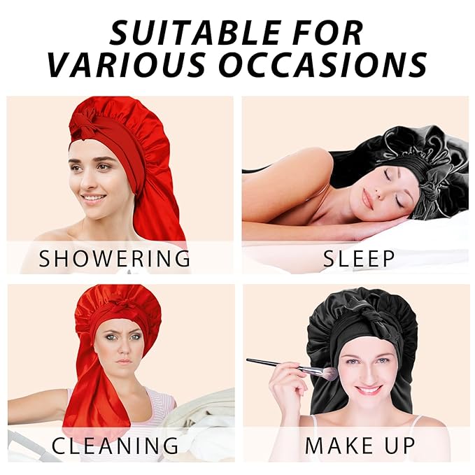 2Pcs Bonnets for Black Women Braid Bonnet, Large Long Satin Bonnet for Braids, Silk Bonnet with Stretchy Tie Band Sleep Cap Hair (2Pcs-Black&Red)