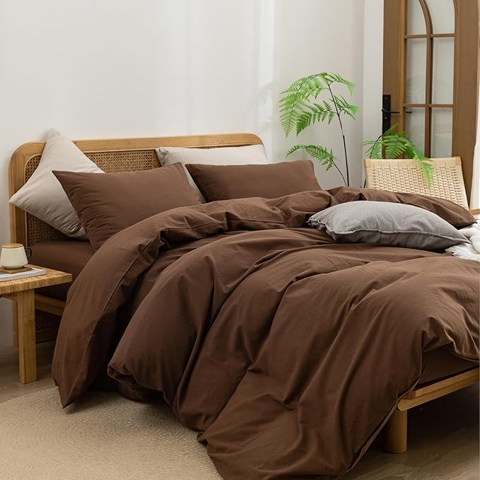 BESTOUCH Duvet Cover Set 100% Washed Cotton Linen Feel Super Soft Comfortable Chic Lightweight 3 PCs Home Bedding Set Solid Cocoa Brown Super King Plus