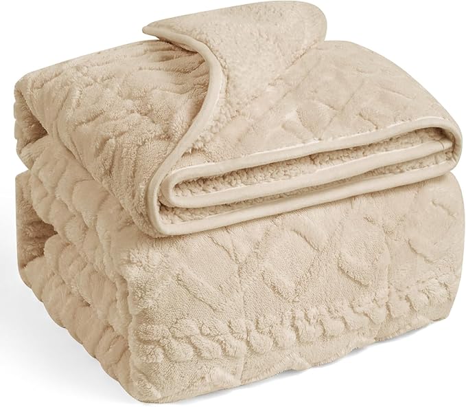 Wemore Weighted Blanket for Adults Twin Size 15 lbs, Dual Sided Soft Fuzzy Jacquard Sherpa Weighted Blankets for Sleeping, Cozy Fluffy Knitted Heavy Blanket for Couch Bed, Khaki, 60 x 80 inches