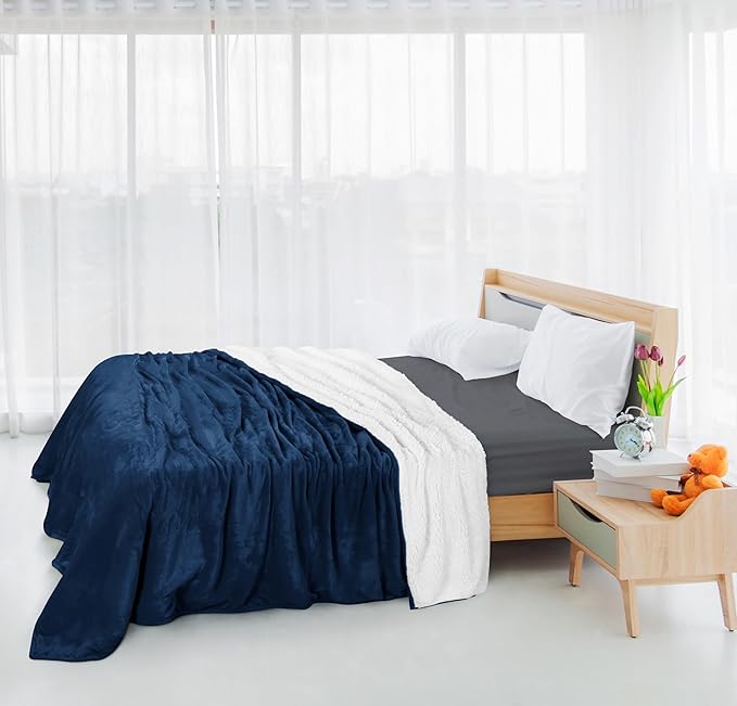Utopia Bedding Sherpa Blanket Twin Size (Navy, 60x80 Inches) - Soft Lightweight Plush Fleece Reversible Winter Blanket for Bed, Sofa, Couch, Camping and Travel