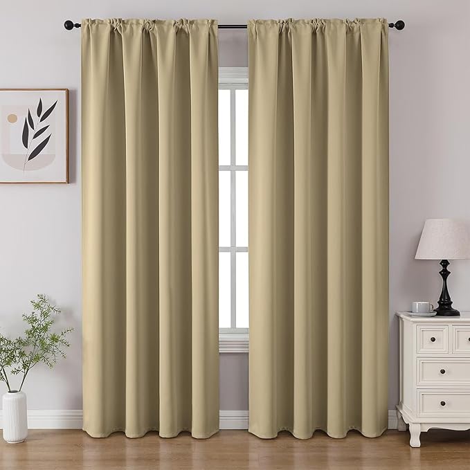 CUCRAF Beige Blackout Curtains 108 inch Length 2 Panels Set, Rod Pocket Room Darkening Drapes for Bedroom Living Room, Insulated Thermal Light Blocking Window Curtain (W52 x L108 Inch)