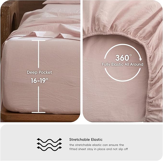MooMee Bedding Sheet Set 100% Washed Cotton Linen Like Textured Breathable Durable Soft Comfy (Heathered Greyish Pink, California King)