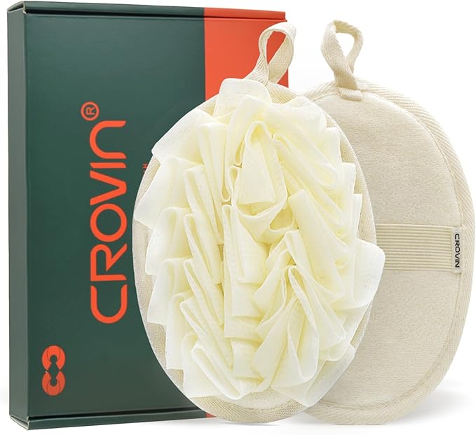 Bath Puff Shower Sponge - Premium Large 5x7 Exfoliating Pouf Mesh Sponge - 2 Count Loofahs Shower Scrubber for Men and Women-Elastic Hand Strap Body Scrub to Soothe, Cleanse Your Body