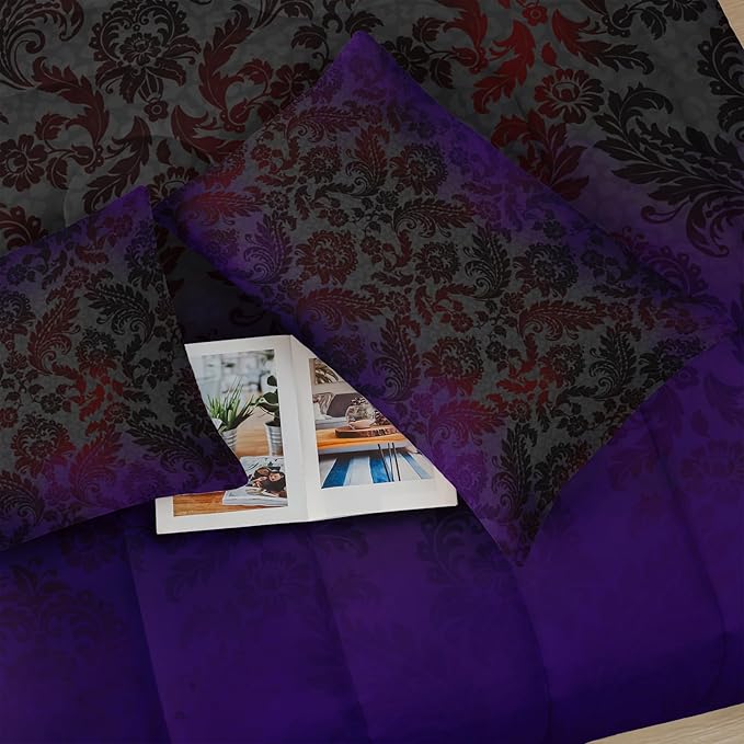 Black Purple Paisley Floral Victorian Gothic Comforter Set Full，Gothic Bedding Set Full Purple，with 1 Comforter with 2 Pillow Case，Halloween Room Decor for Bedroom