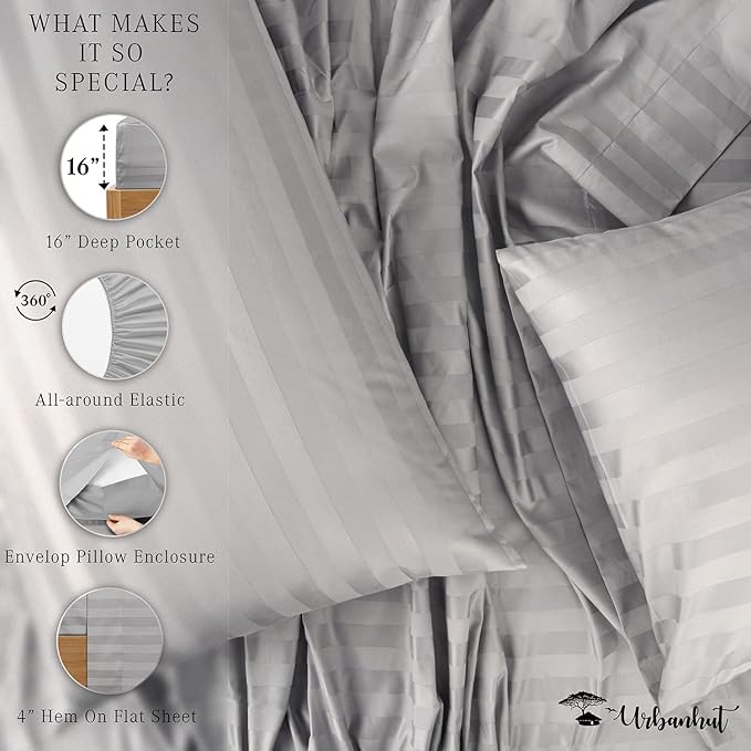 URBANHUT 1000 Thread Count Egyptian Cotton Sheets Striped King Size, Breathable Long Staple, 4 Pc Bed Sheet Sets, Luxury Hotel Sateen Sheets Fits 16" Deep Pocket - Silver Grey