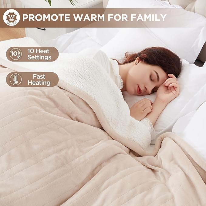 Westinghouse Heated Blanket King Size, Soft Flannel to Sherpa Electric Blanket with 10 Heating Levels, 1-12 Hours Auto Shut Off, Fast Heating, Machine Washable, 100x90 Inch, Beige
