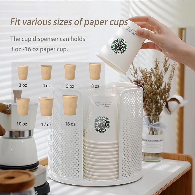Paper Cup and Lid Holder Plastic Cup Storage Organizer Coffee Cup Dispenser for Countertop, Breakroom, Bathroom, Coffee Station, Bar, Buffet, Kitchen Cabinet - White