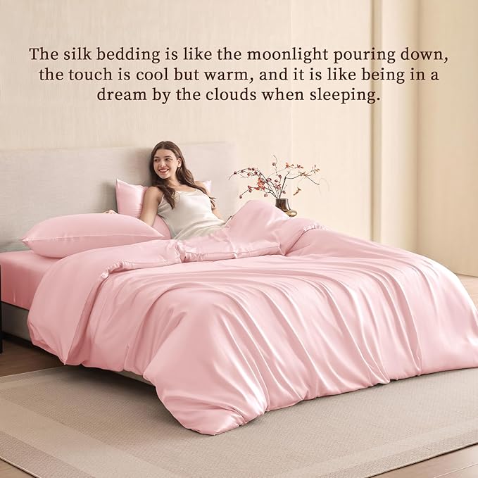 THXSILK 100% Pure Mulberry Silk Duvet Cover Set 3 Piece, 6A+ Grade Luxury Soft Bedding Silk Sheets for Hair and Skin, 1 Pcs Quilt/Comforter Cover with 2 Zippered Pillowcases (Charming Pink, Twin)