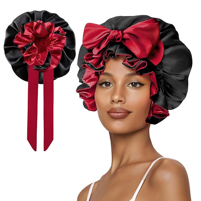 Hair Bonnet for Sleeping, Satin Silk Shower Cap Women 2025 with Tie Band and Adjustable Straps Head Wrap for Curly Hair Black F