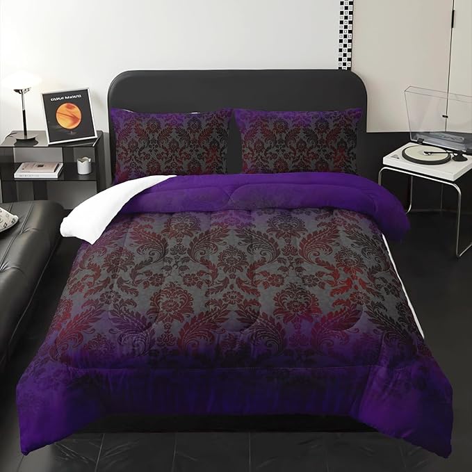 Black Purple Paisley Floral Victorian Gothic Comforter Set Full，Gothic Bedding Set Full Purple，with 1 Comforter with 2 Pillow Case，Halloween Room Decor for Bedroom