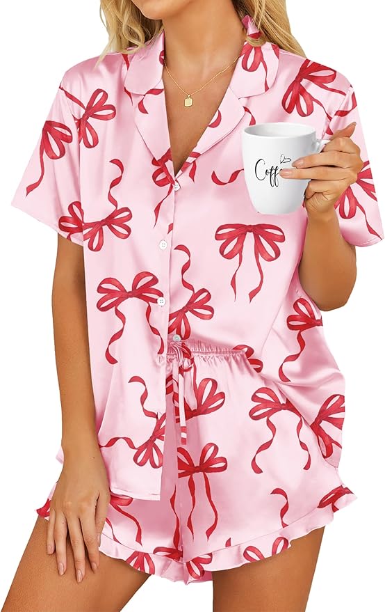 HOTOUCH Womens Satin Pajamas Set Button Down 2 Piece Silk Pjs Shorts Set Ruffle Lingerie Notch Collar Sleepwear