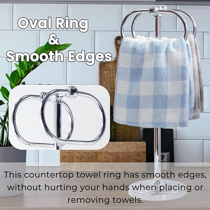 17 Inch Stainless Steel Hand Towel Holder Double Stand Hand Towel Ring for Washcloths or dishcloths Non-Slip Base Free Standing Towel Rack for Bathroom Kitchen (Chrome)