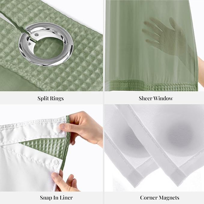 River Dream Sage Green Fabric Shower Curtain Set, Cotton Blend, Waffle Weave, with Snap in Replacement Liner，54 x 80 inches