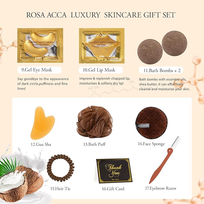 Coconut 23 Pcs Facial Skin Care Kit For Women & Men, Self-Care Gift Set, Spa Relaxation Kit, Face Sheet Mask, Serum, Clay Mask, Birthday, Christmas, Valentines, Mother Day, Dad, All Occasion Present